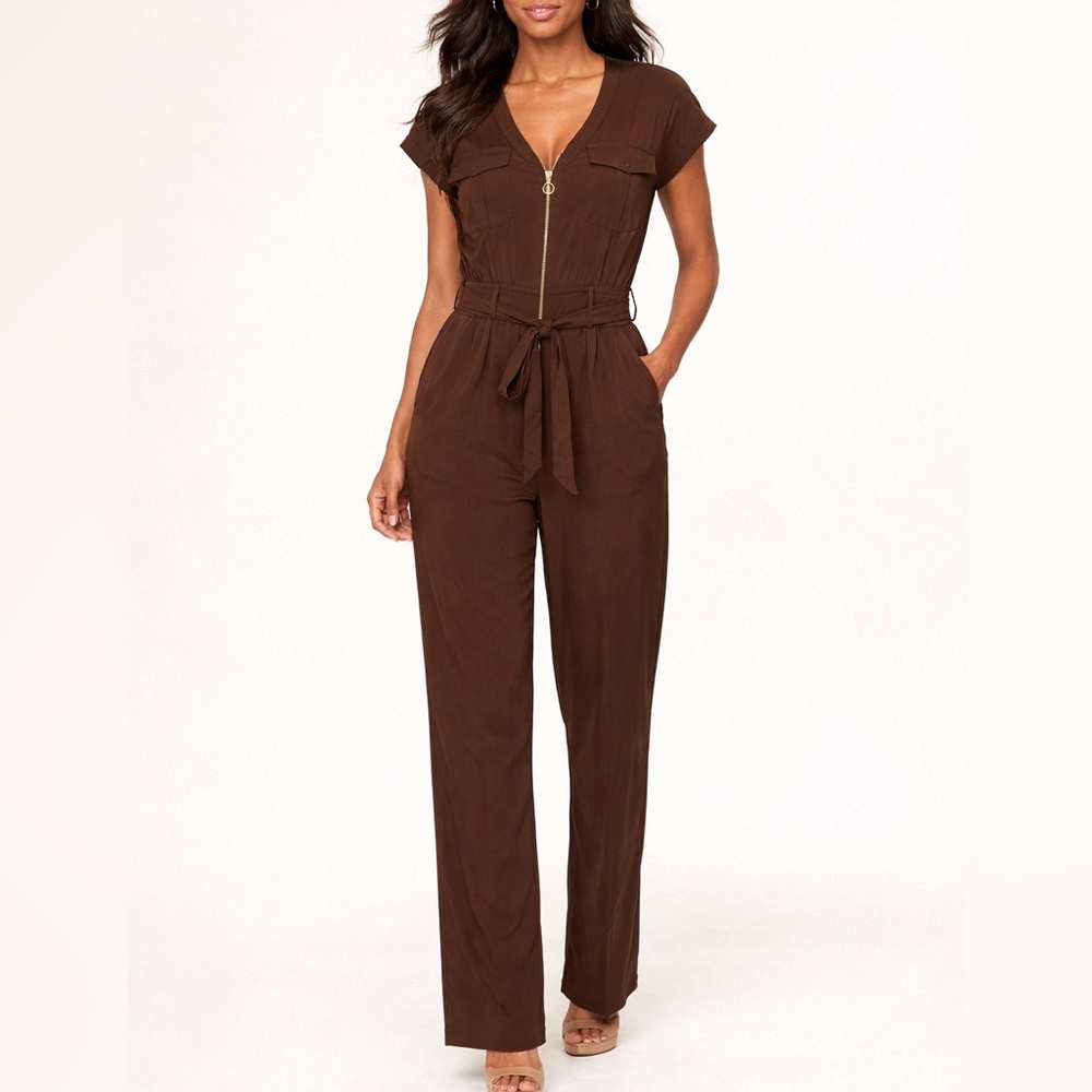 New York & Company Chocolate Brown Utility Jumpsuit with Tie Waist